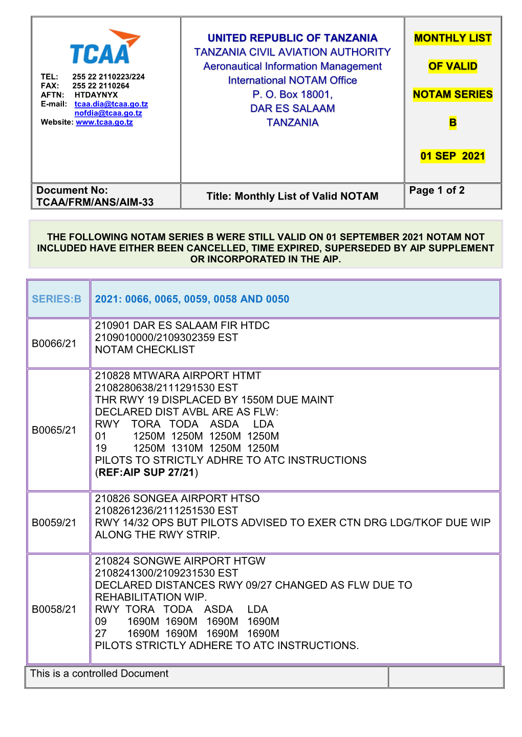 United Republic of Tanzania Tanzania Civil Aviation