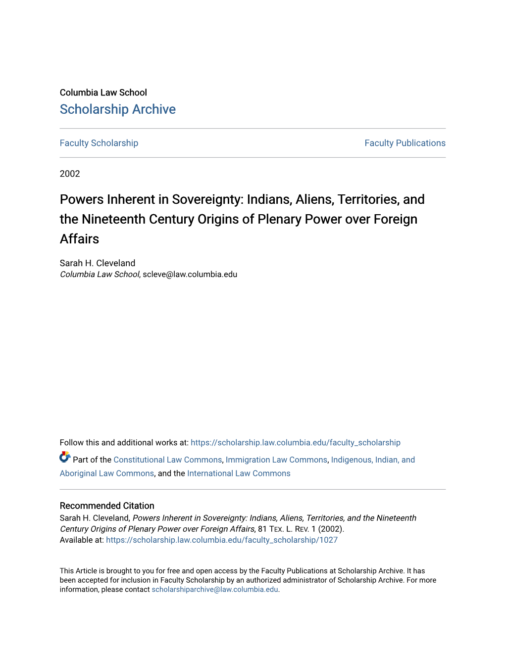 Powers Inherent in Sovereignty: Indians, Aliens, Territories, and the Nineteenth Century Origins of Plenary Power Over Foreign Affairs