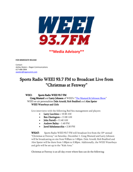 Sports Radio WEEI 93.7 FM to Broadcast Live from “Christmas at Fenway”