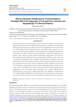 Histone Glutamine Modification by Neurotransmitters: Paradigm Shift in the Epigenetics of Neuronal Gene Activation and Dopamine