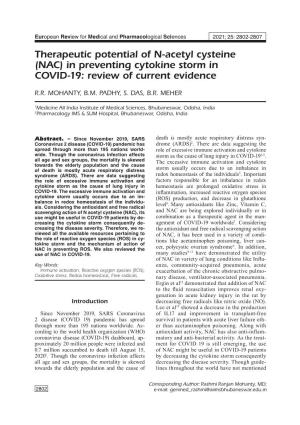 Therapeutic Potential of N-Acetyl Cysteine (NAC) in Preventing Cytokine Storm in COVID-19: Review of Current Evidence