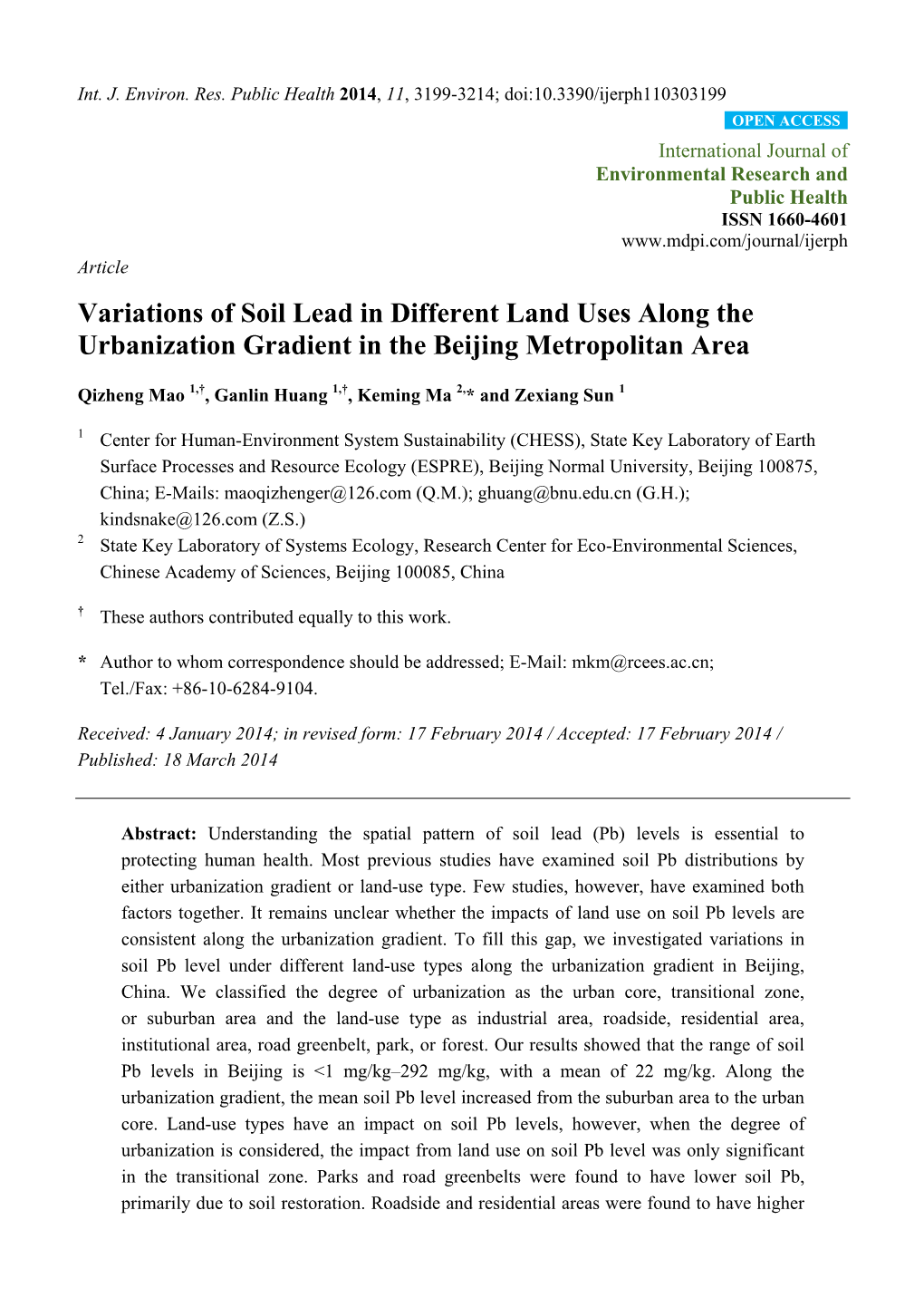 Variations of Soil Lead in Different Land Uses Along the Urbanization Gradient in the Beijing Metropolitan Area