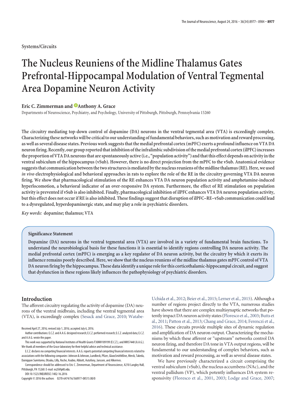 The Nucleus Reuniens of the Midline Thalamus Gates Prefrontal-Hippocampal Modulation of Ventral Tegmental Area Dopamine Neuron Activity