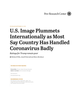 U.S. Image Plummets Internationally As Most Say Country Has Handled Coronavirus Badly Ratings for Trump Remain Poor