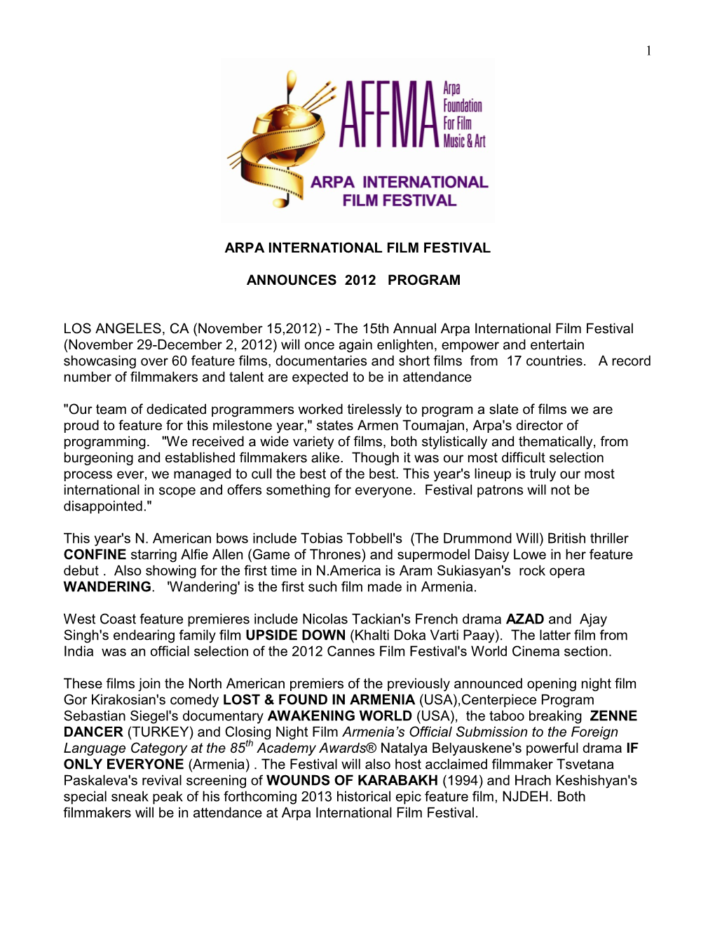 15Th Annual Arpa International Film Festival