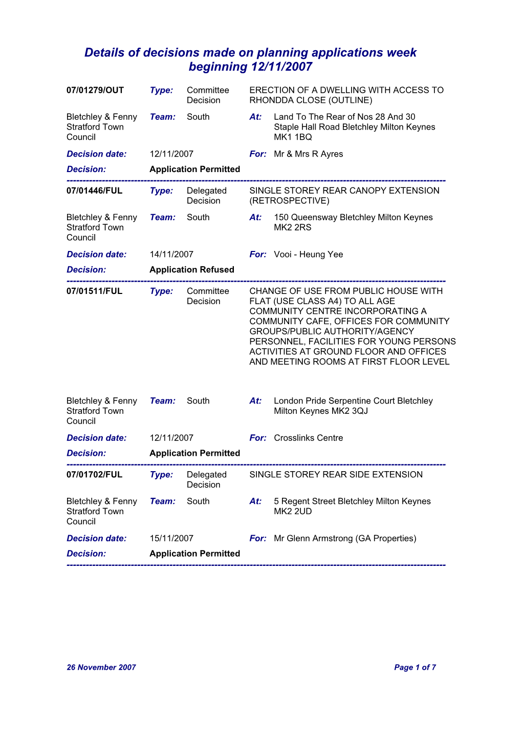 Details of Decisions Made on Planning Applications Week Beginning 12/11/2007