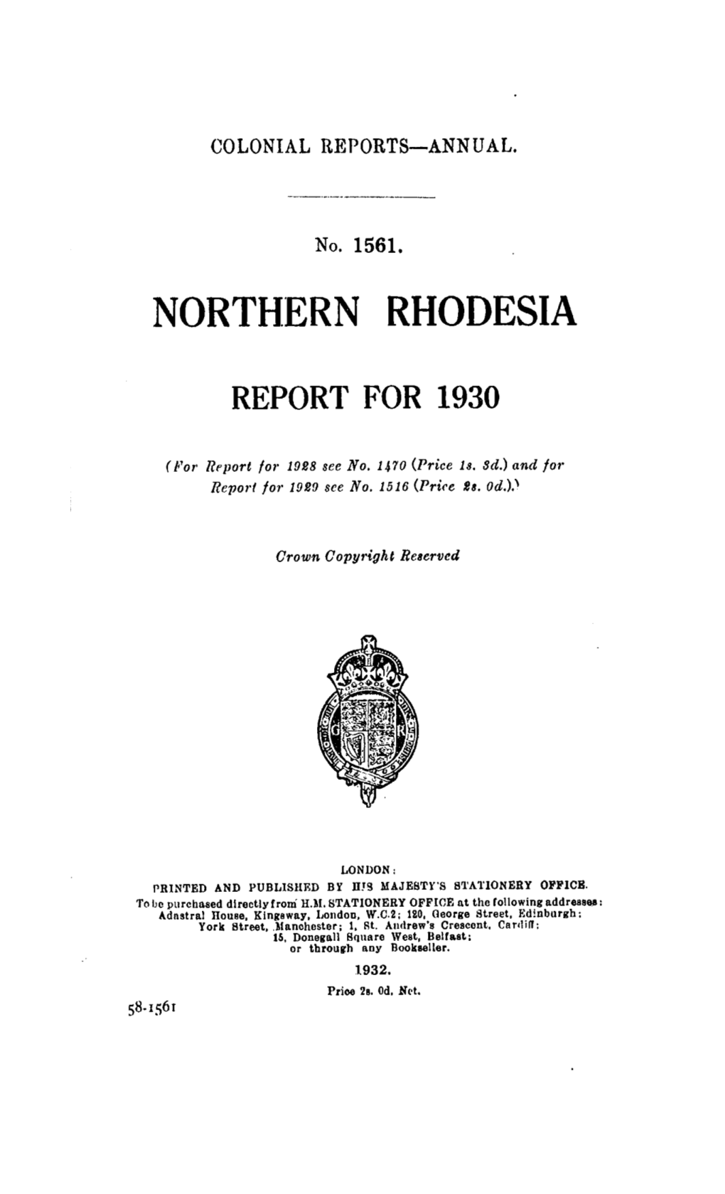 Annual Report of the Colonies, Northern Rhodesia, 1930