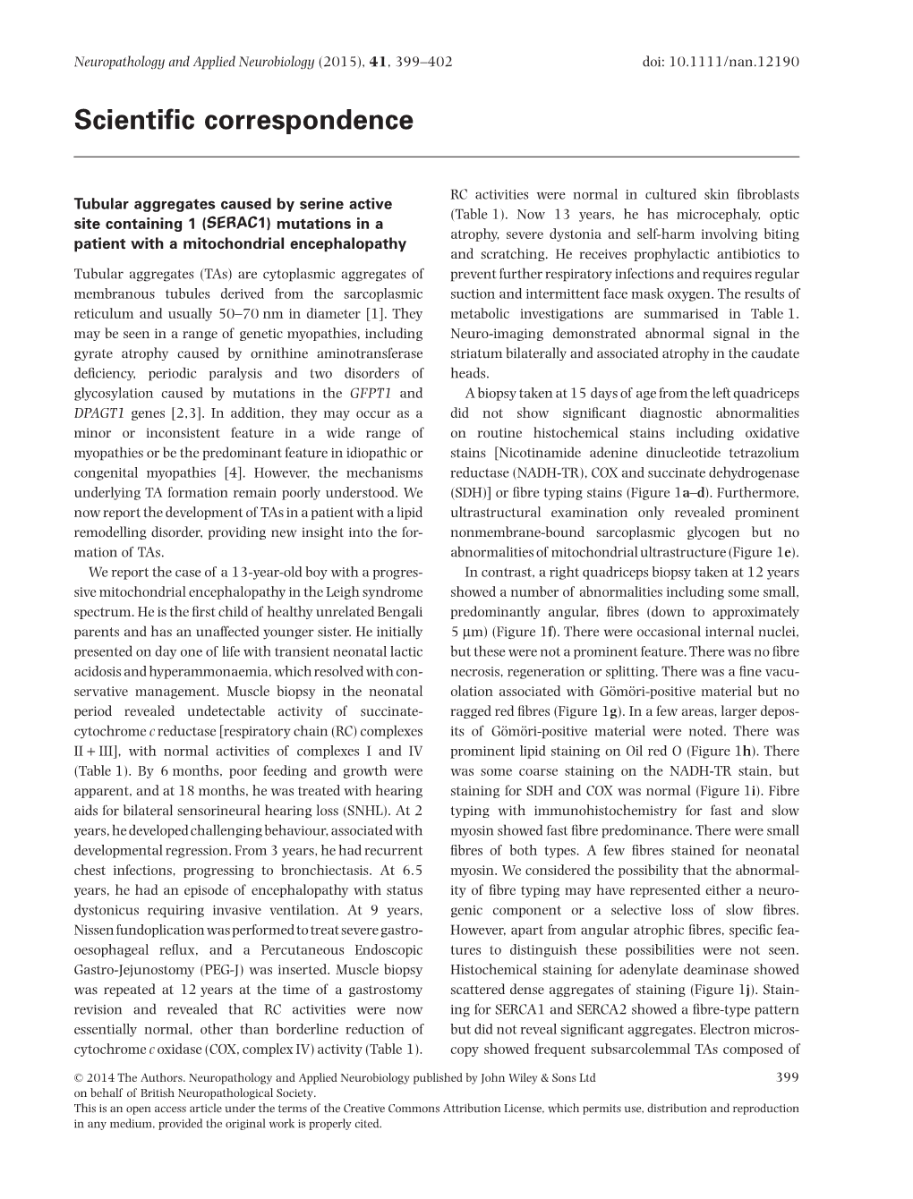 (SERAC1) Mutations in a Patient with a Mitochondrial Encephalopathy