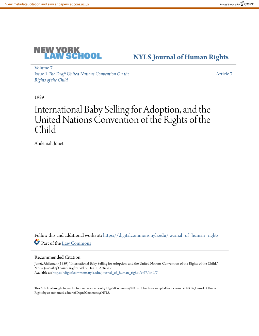 International Baby Selling for Adoption, and the United Nations Convention of the Rights of the Child Ahilemah Jonet