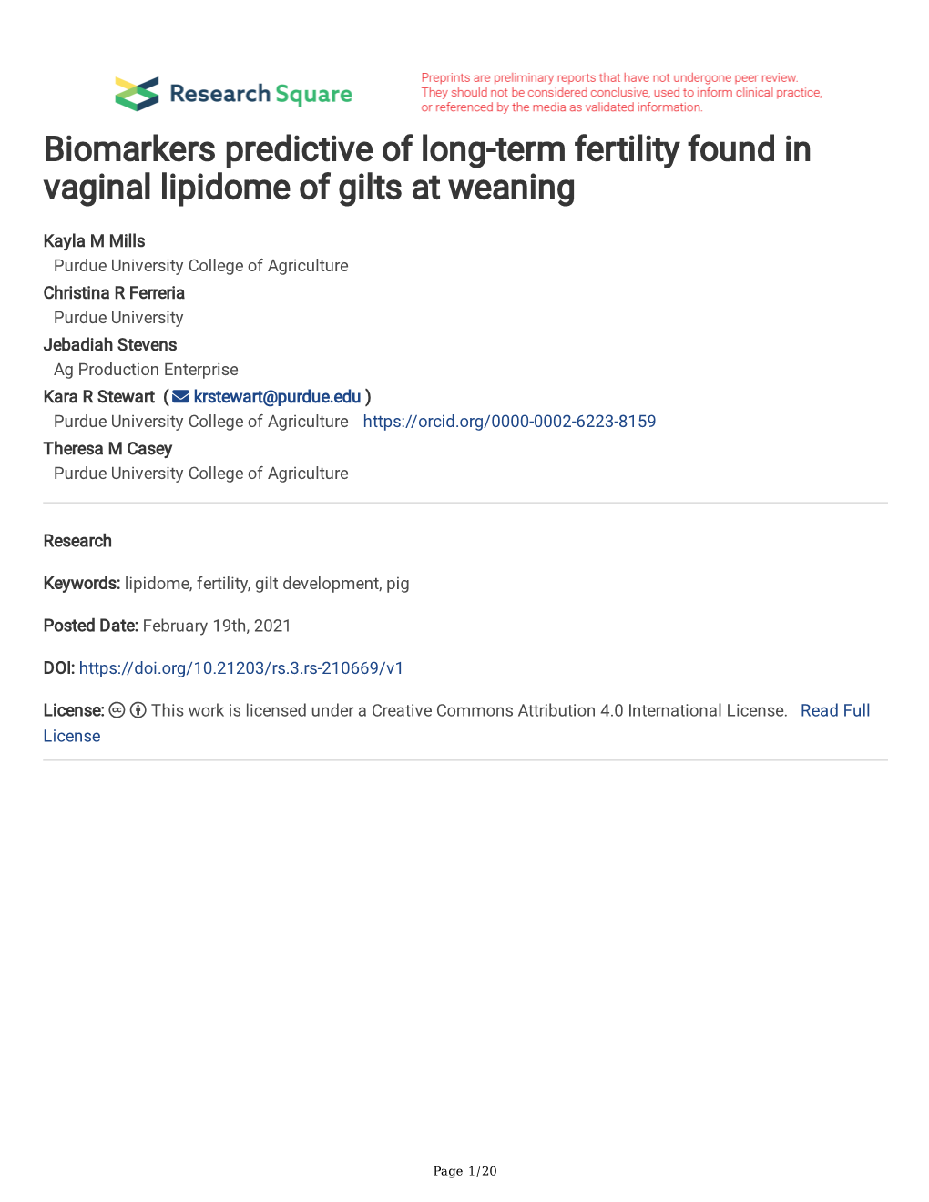 Biomarkers Predictive of Long-Term Fertility Found in Vaginal Lipidome of Gilts at Weaning