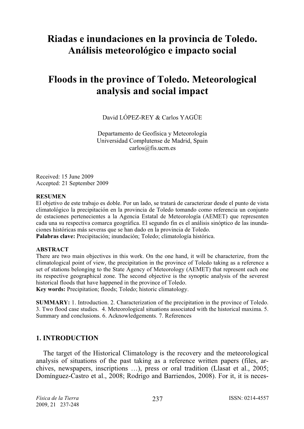 Riadas E Inundaciones En La Provincia De Toledo. Análisis Meteorológico E Impacto Social