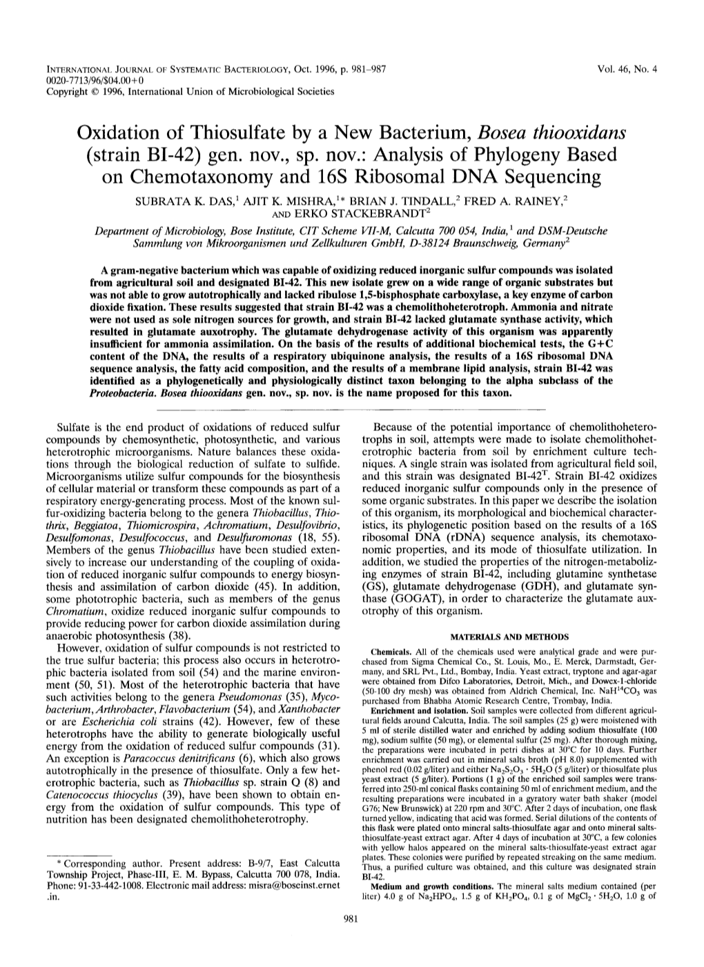 Oxidation of Thiosulfate by a New Bacterium, Bosea Thiooxidans (Strain BI-42) Gen