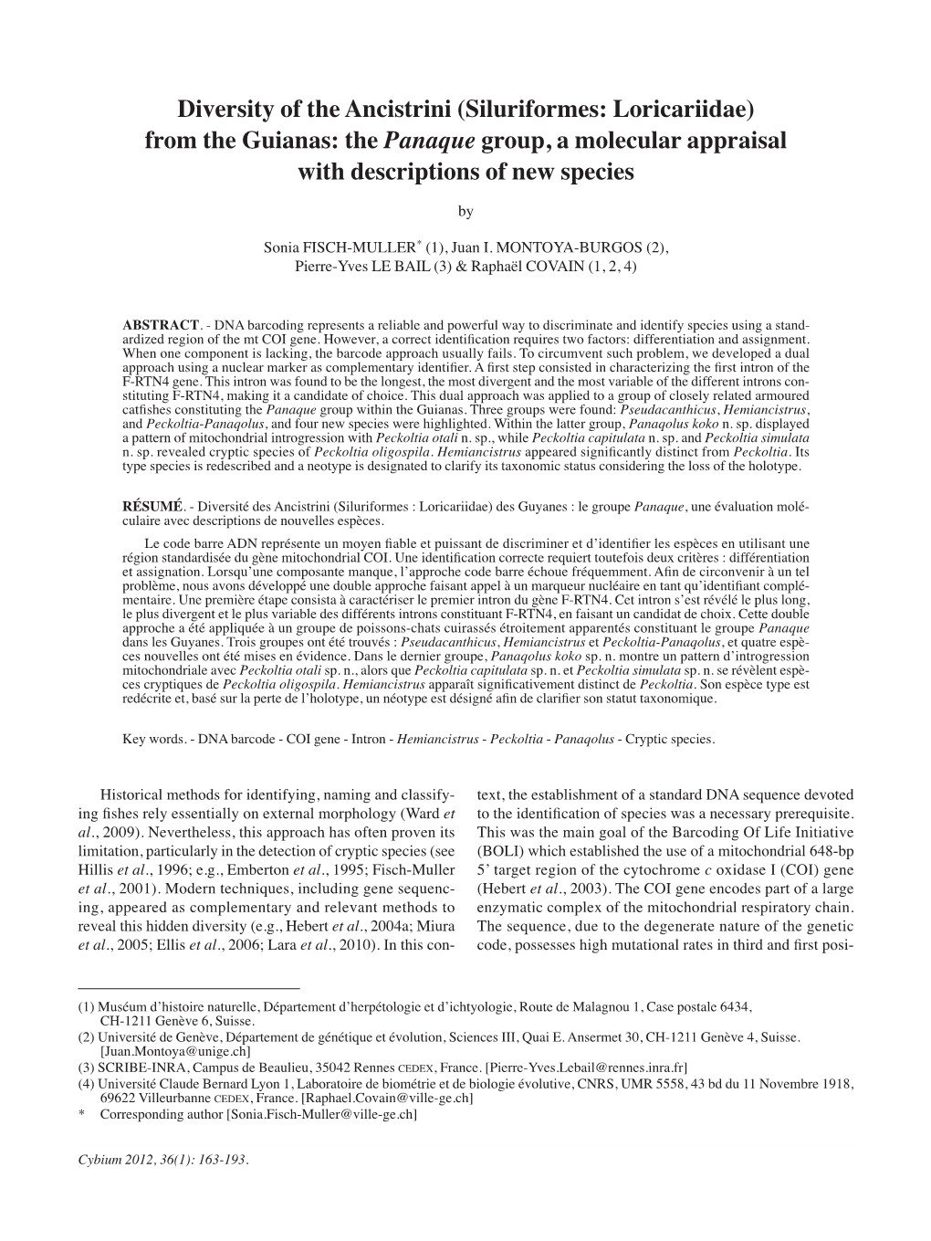 (Siluriformes: Loricariidae) from the Guianas: the Panaque Group, a Molecular Appraisal with Descriptions of New Species