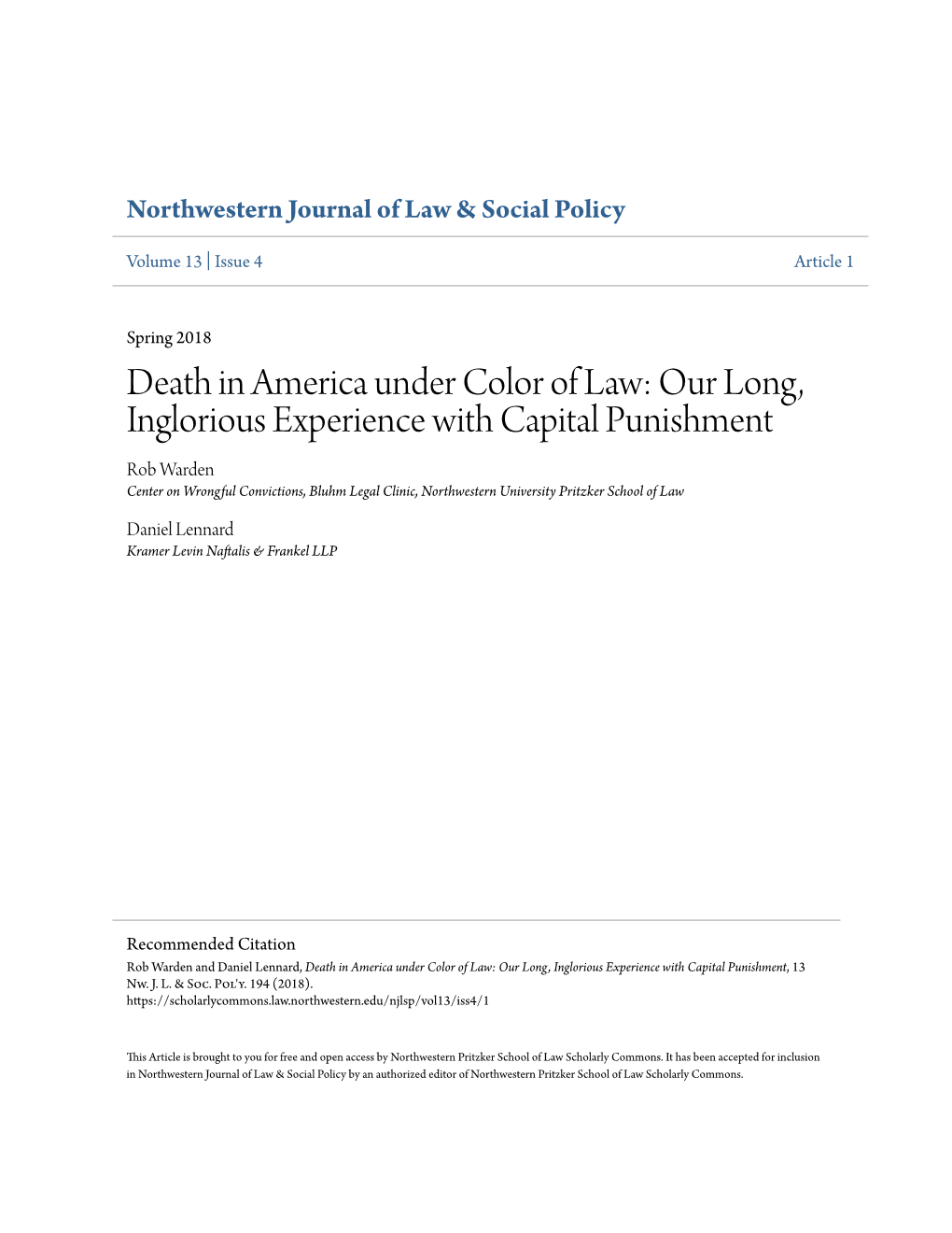 Death in America Under Color of Law: Our Long, Inglorious Experience with Capital Punishment