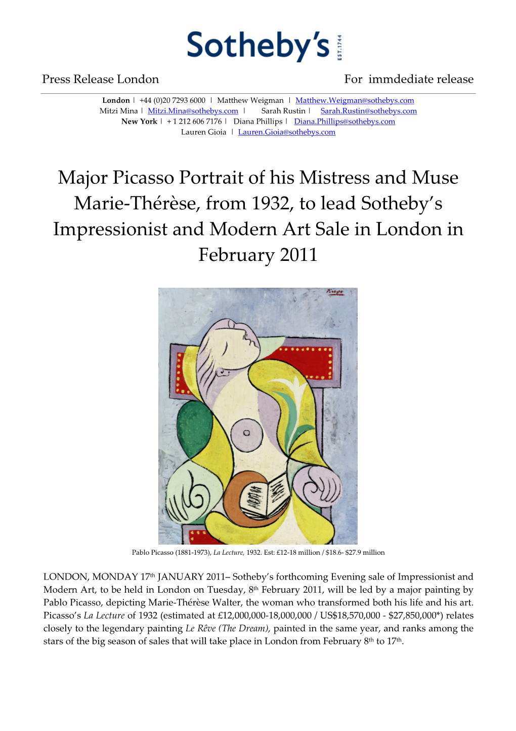 Major Picasso Portrait of His Mistress and Muse Marie-Thérèse, from 1932, to Lead Sotheby’S Impressionist and Modern Art Sale in London in February 2011