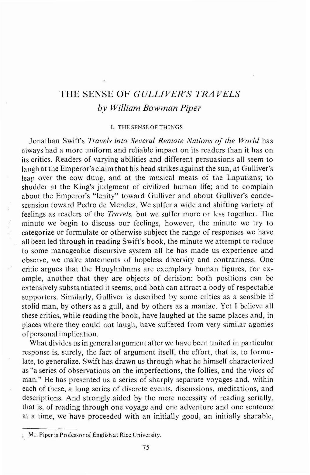 THE SENSE of GULLIVER's TRA VELS by William Bowman Piper