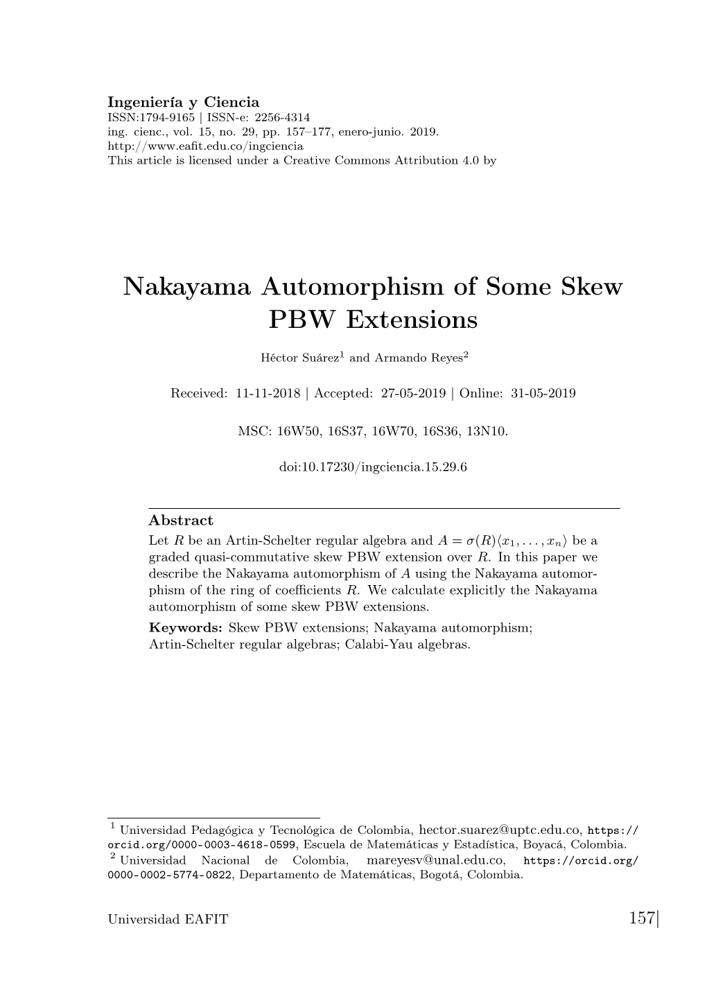 Nakayama Automorphism of Some Skew PBW Extensions