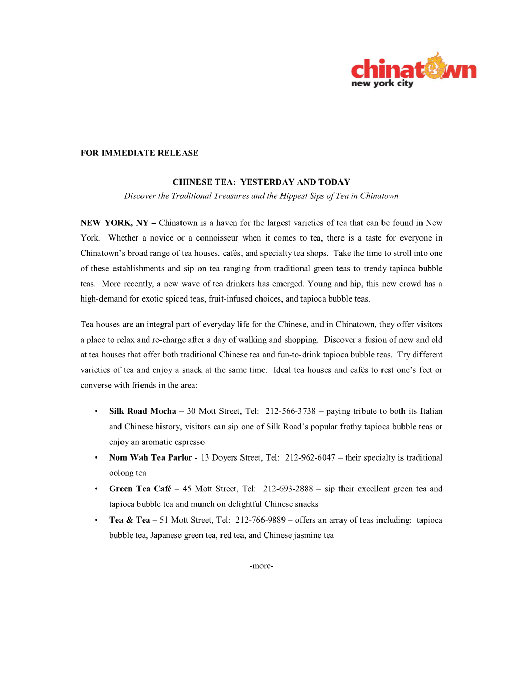 For Immediate Release Chinese