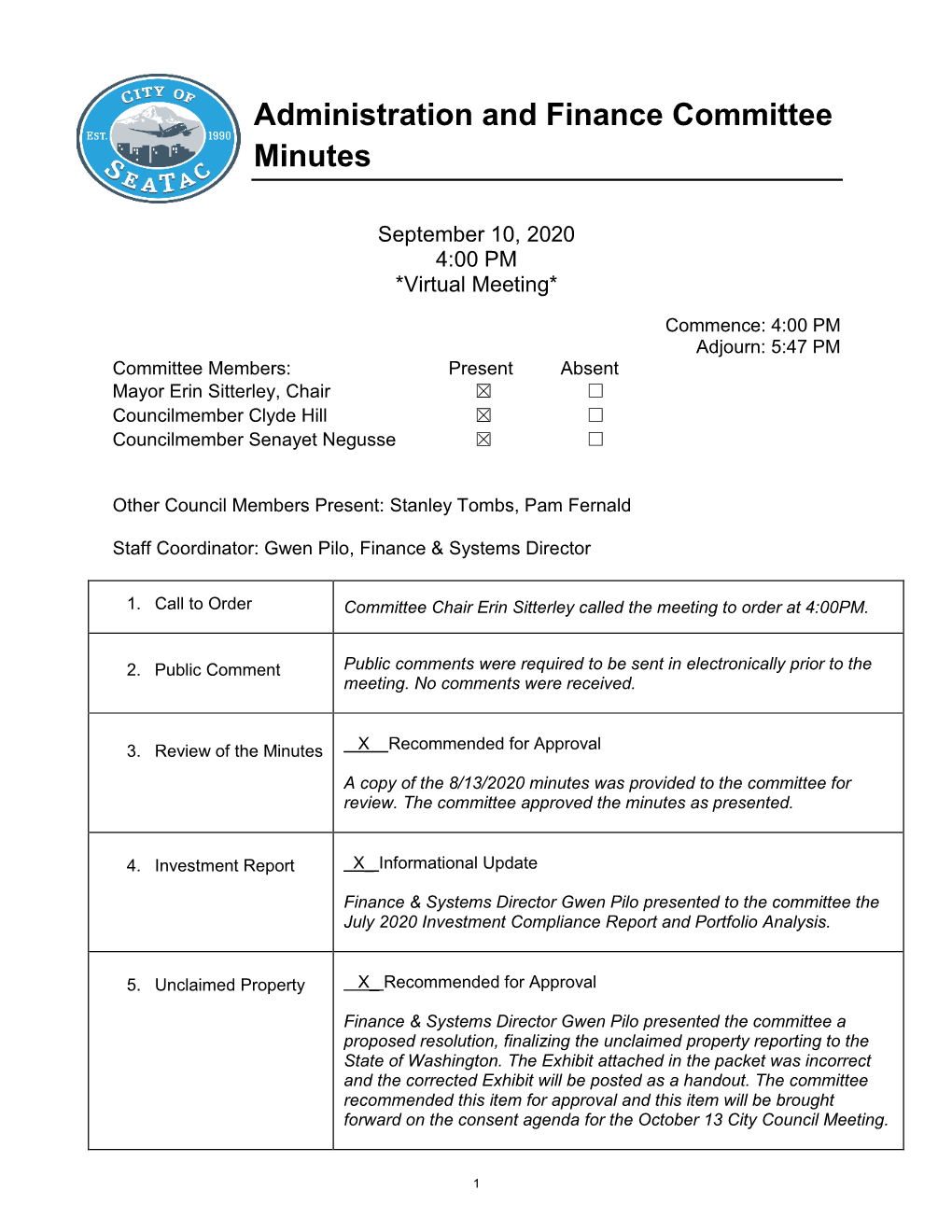 Administration and Finance Committee Minutes