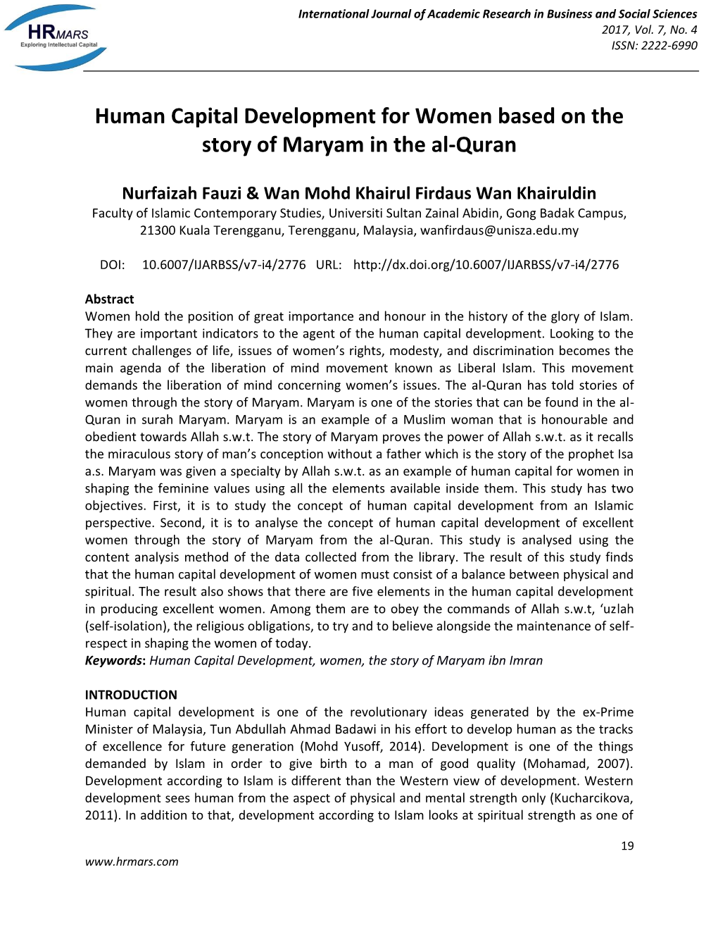 Human Capital Development for Women Based on the Story of Maryam in the Al-Quran