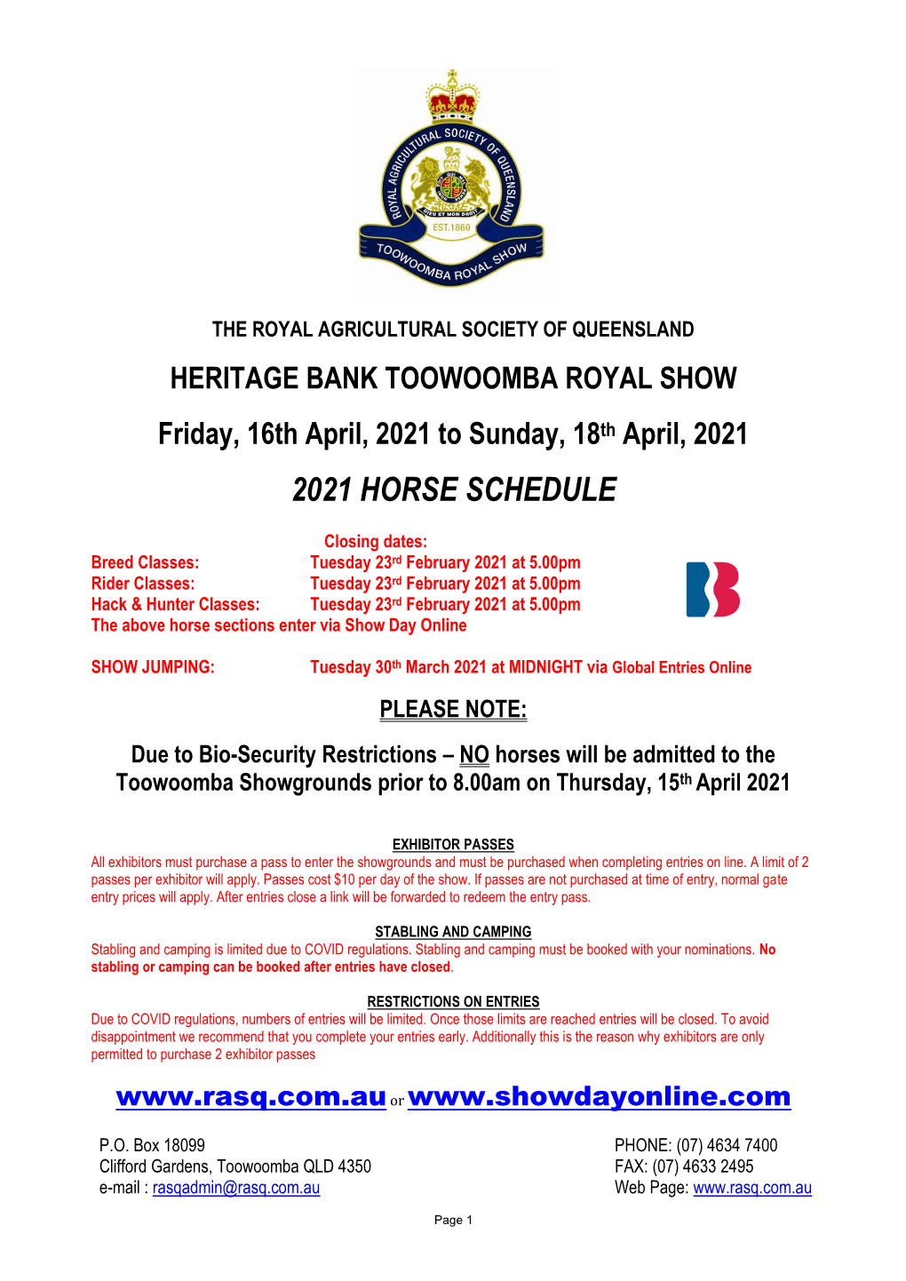 2021 Horse Schedule