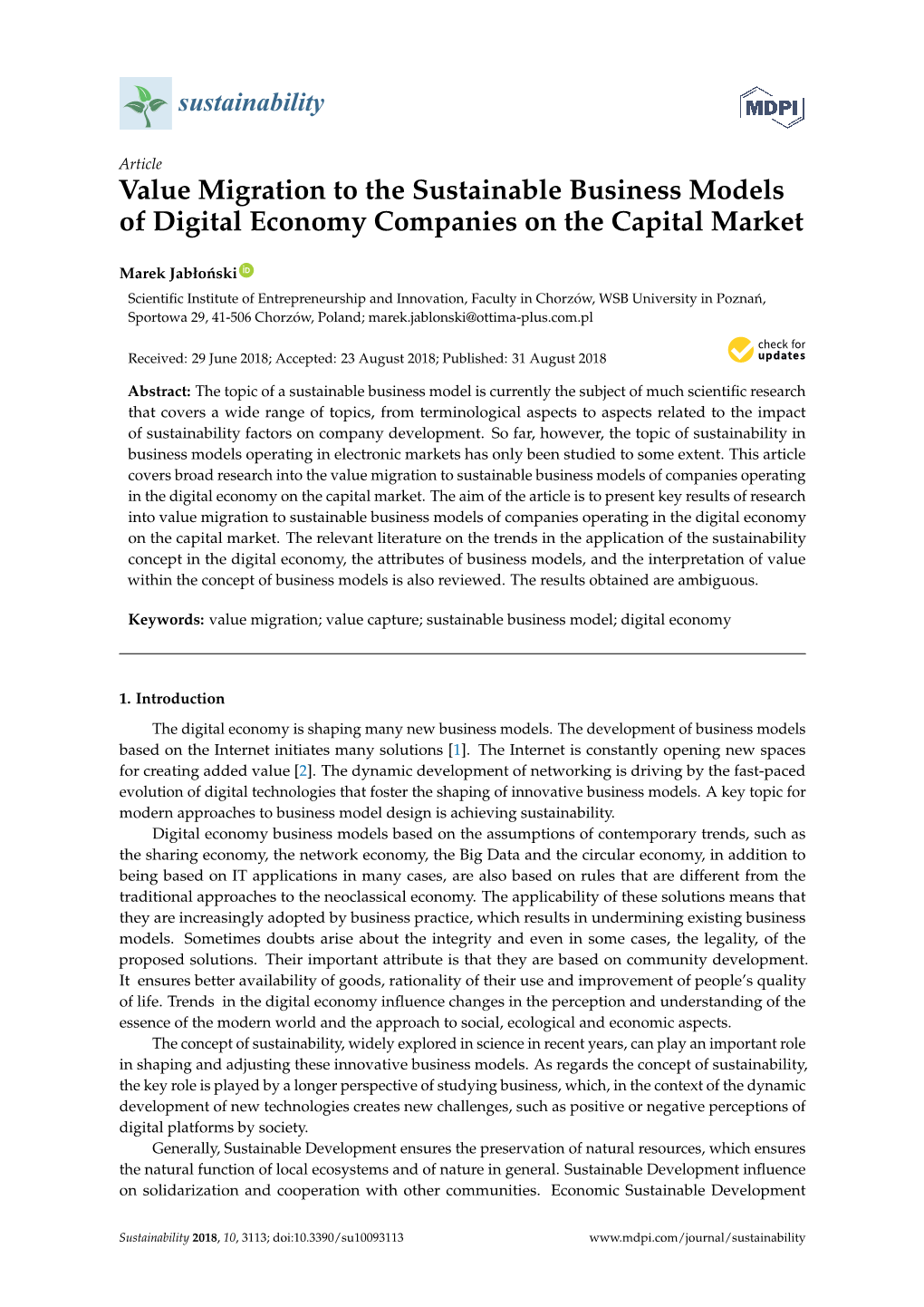 Value Migration to the Sustainable Business Models of Digital Economy Companies on the Capital Market