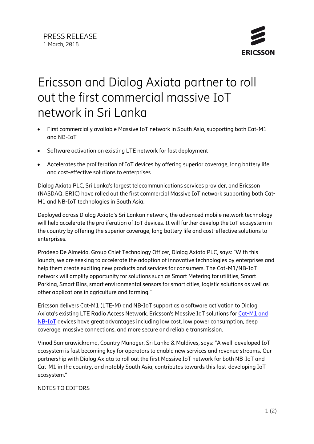 Ericsson and Dialog Axiata Partner to Roll out the First Commercial Massive Iot Network in Sri Lanka