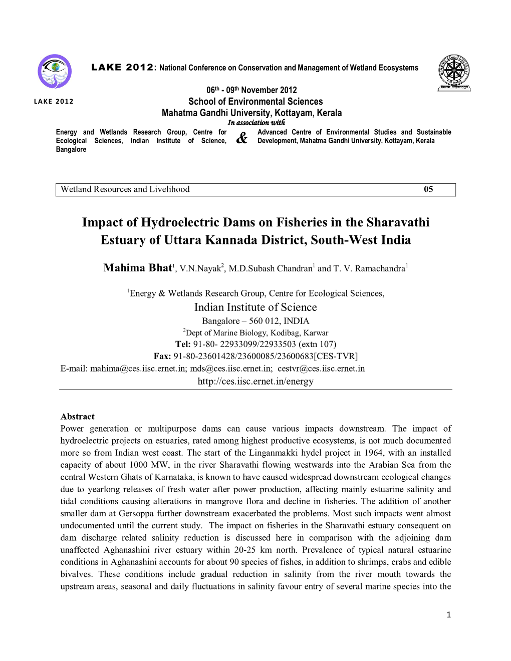 Impact of Hydroelectric Dams on Fisheries in the Sharavathi Estuary of Uttara Kannada District, South-West India