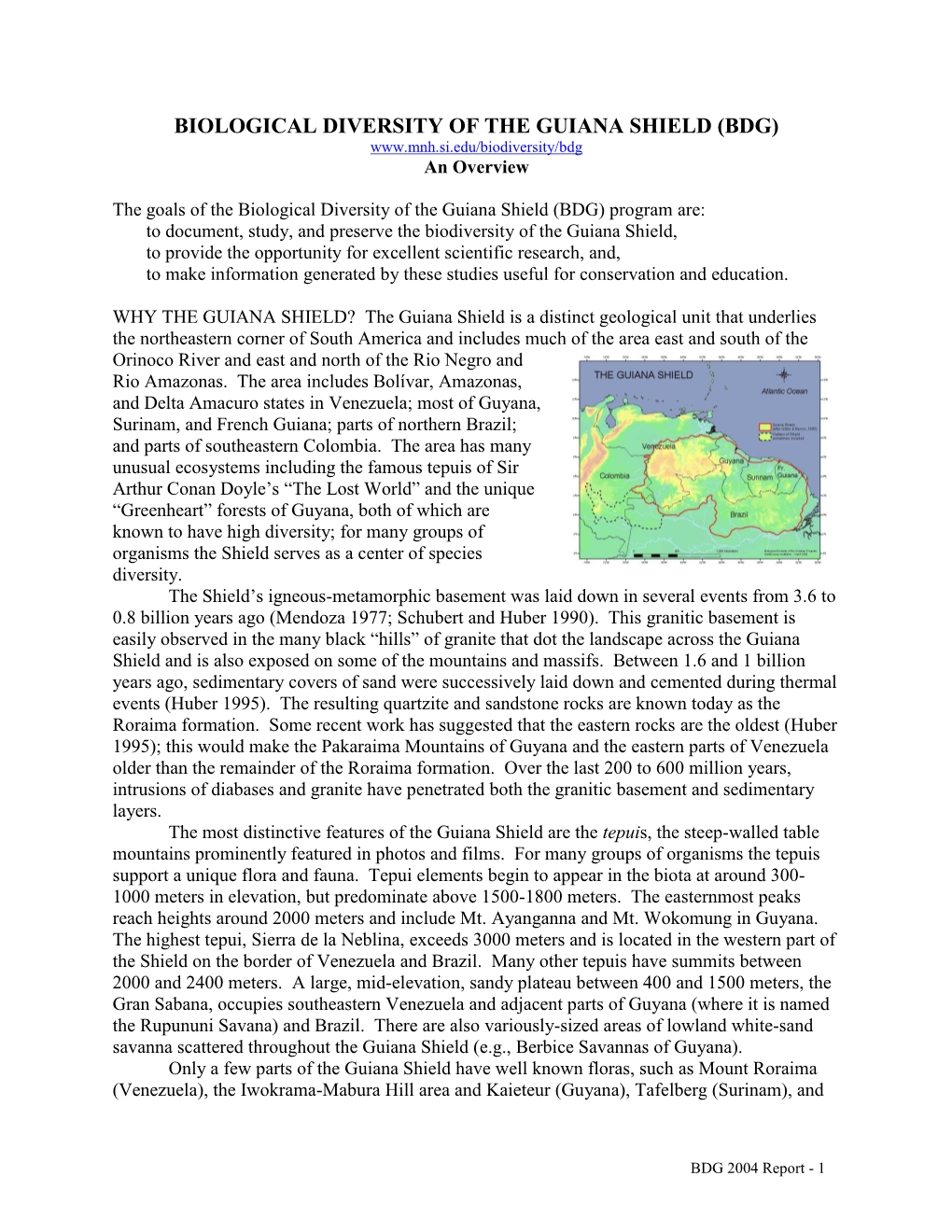 BIOLOGICAL DIVERSITY of the GUIANA SHIELD (BDG) an Overview