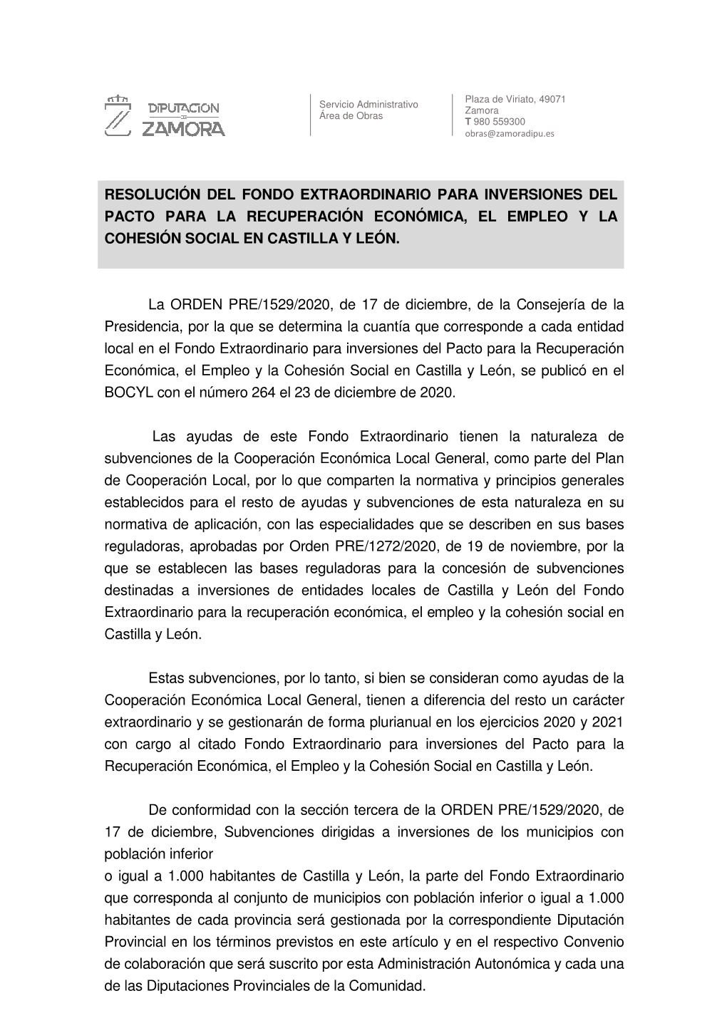 Resolución Del Fondo Extraordinario Para Inversiones Del Pacto Para La Recuperación Económica, El Empleo Y La Cohesión Social En Castilla Y León