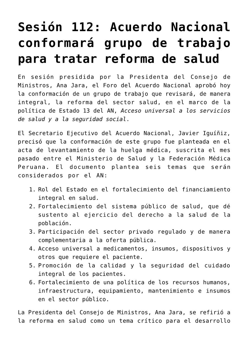 Sesión 112: Acuerdo Nacional Conformará Grupo De Trabajo Para Tratar Reforma De Salud