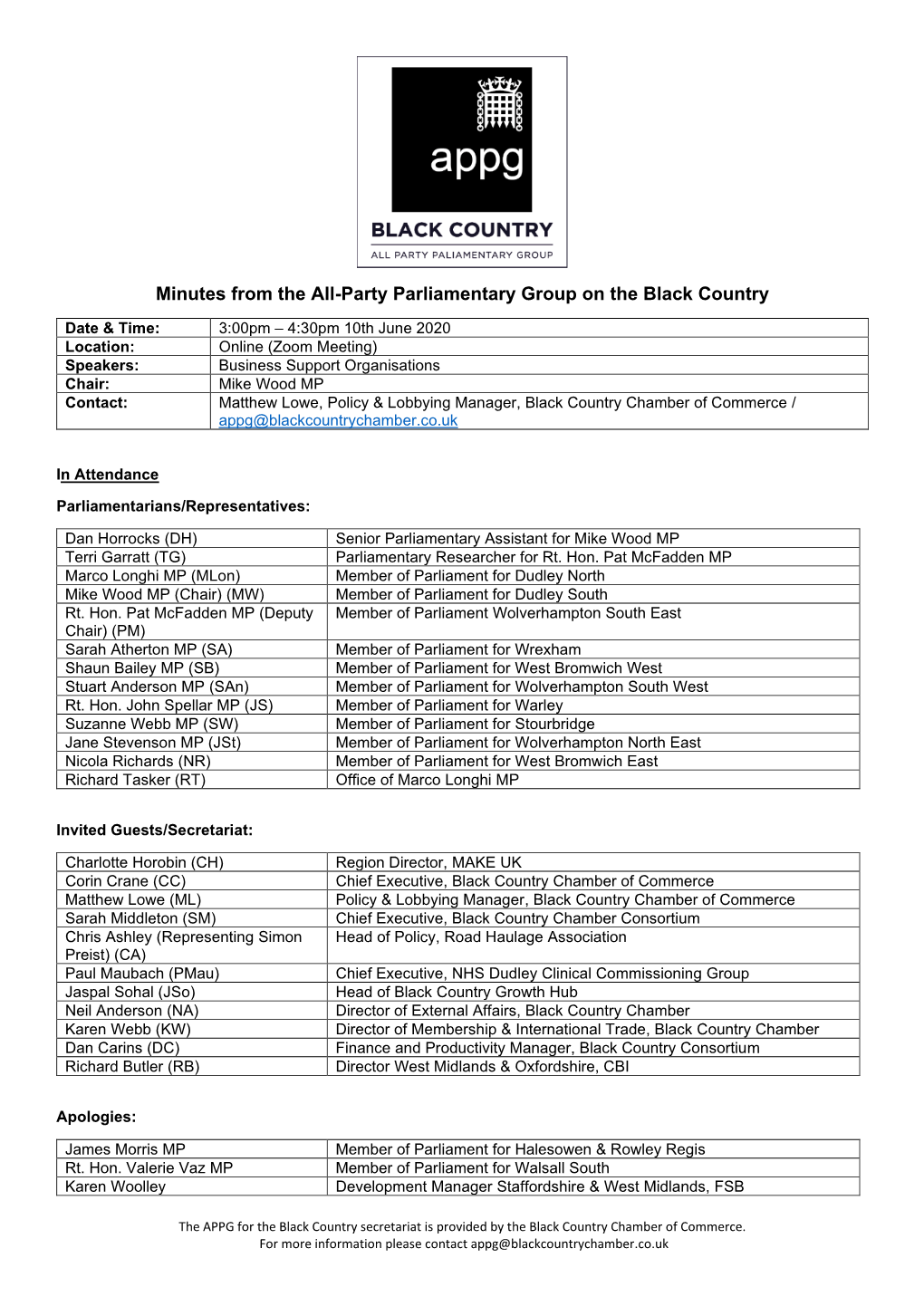 Minutes from the All-Party Parliamentary Group on the Black Country