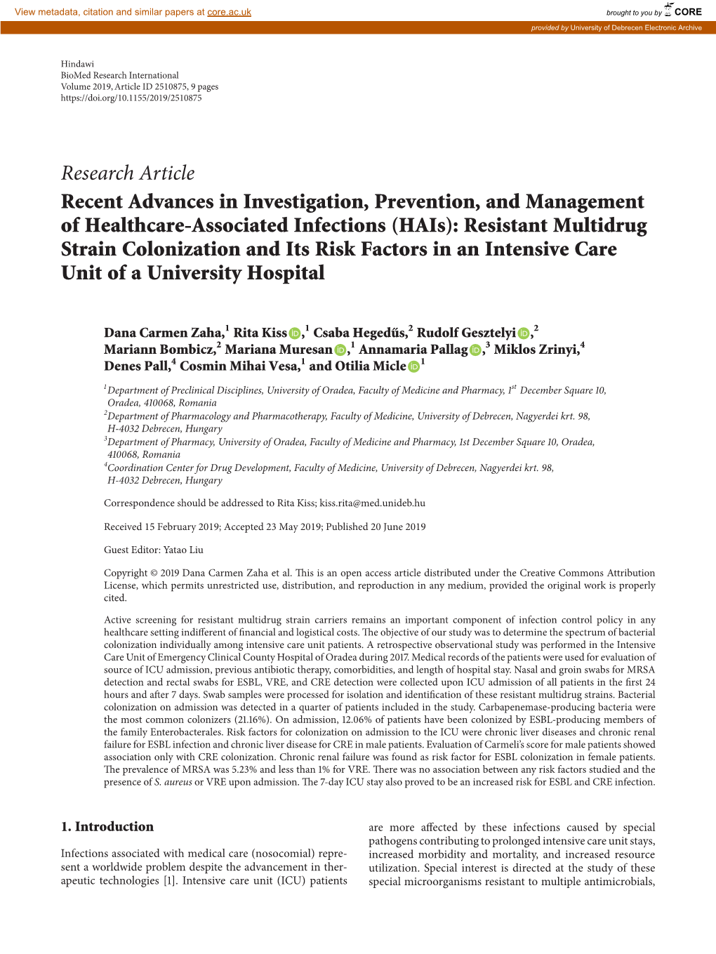 (Hais): Resistant Multidrug Strain Colonization and Its Risk Factors in an Intensive Care Unit of a University Hospital