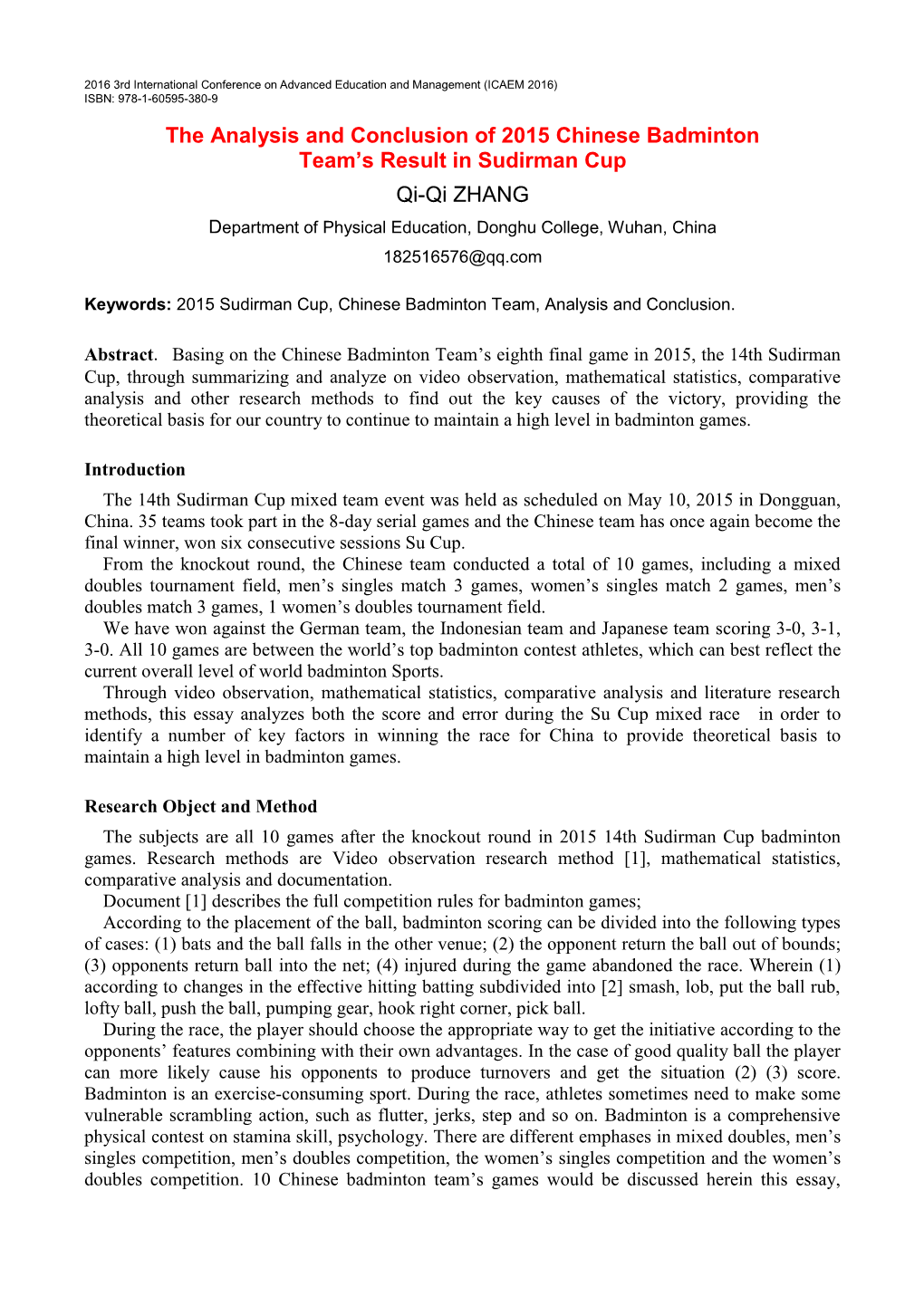 The Analysis and Conclusion of 2015 Chinese Badminton Team's Result