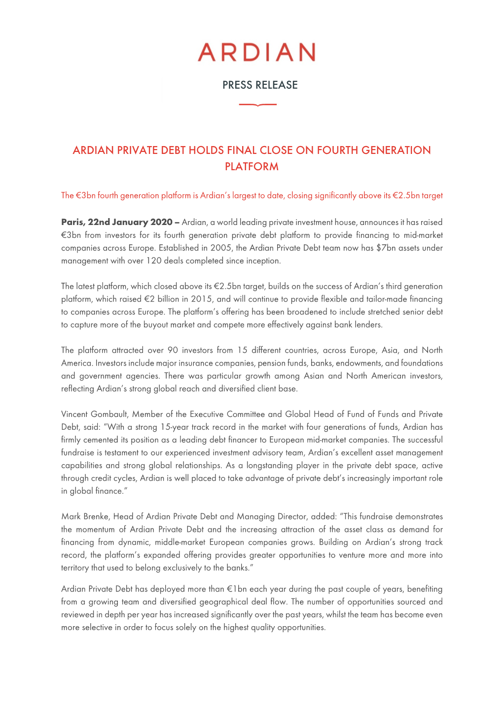 Press Release Ardian Private Debt IV