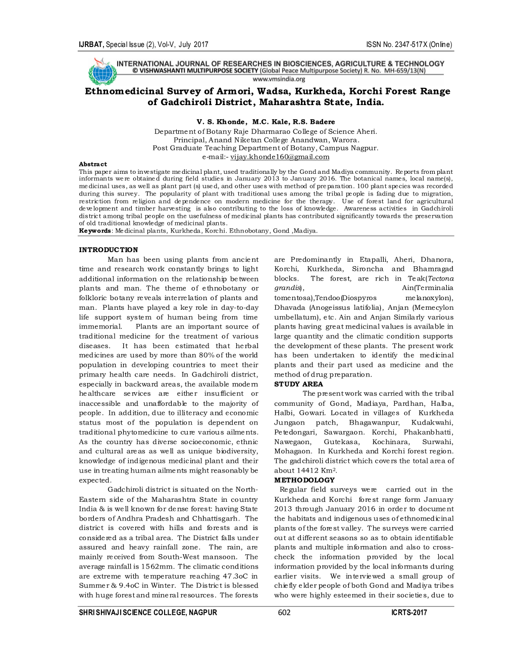 Ethnomedicinal Survey of Armori, Wadsa, Kurkheda, Korchi Forest Range of Gadchiroli District, Maharashtra State, India