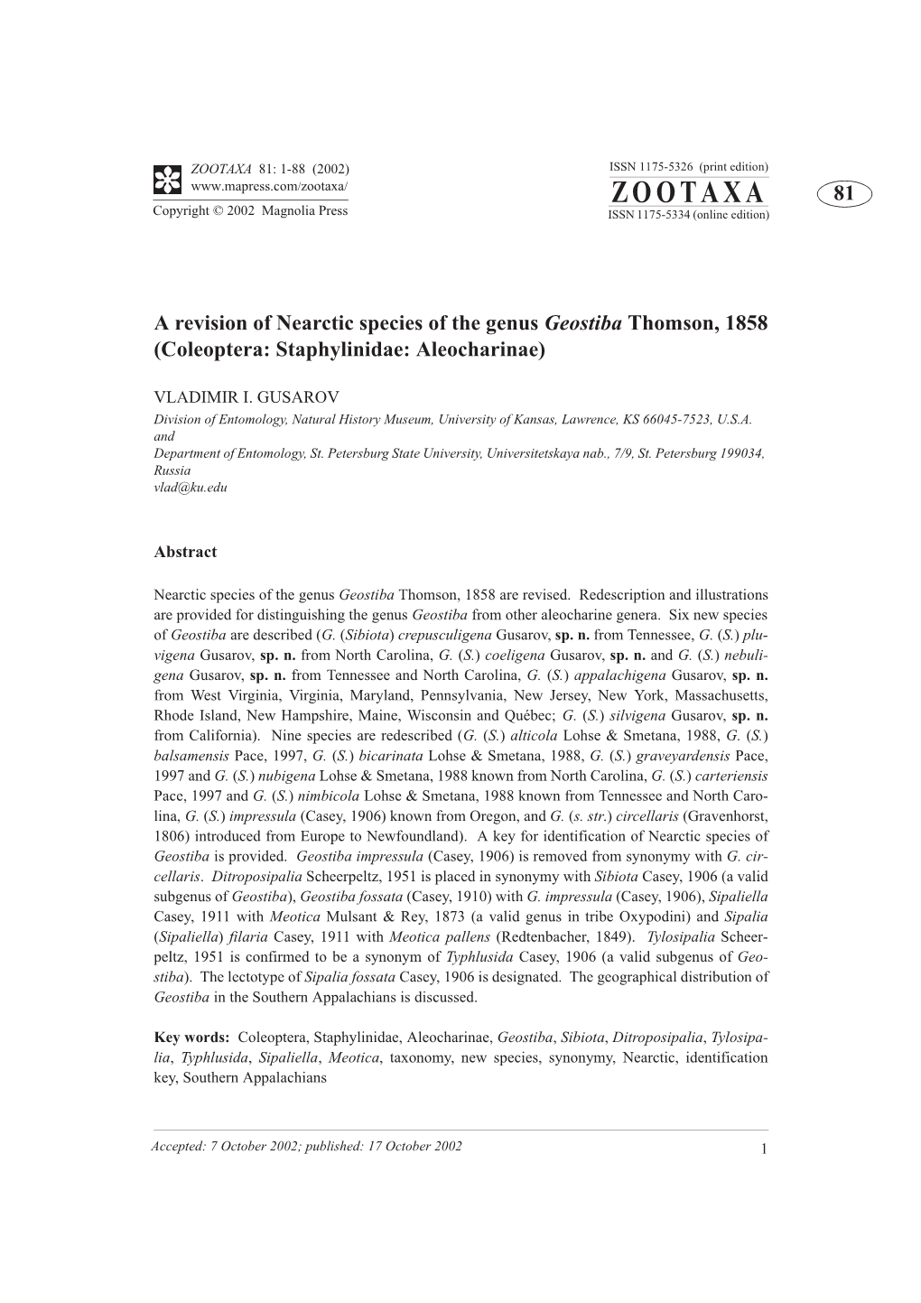 ZOOTAXA 81: 1-88 (2002) ISSN 1175-5326 (Print Edition) ZOOTAXA 81 Copyright © 2002 Magnolia Press ISSN 1175-5334 (Online Edition)