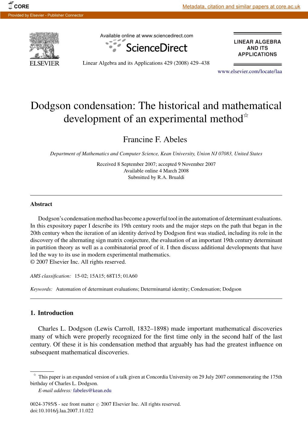 Dodgson Condensation: the Historical and Mathematical Development of an Experimental Methodୋ