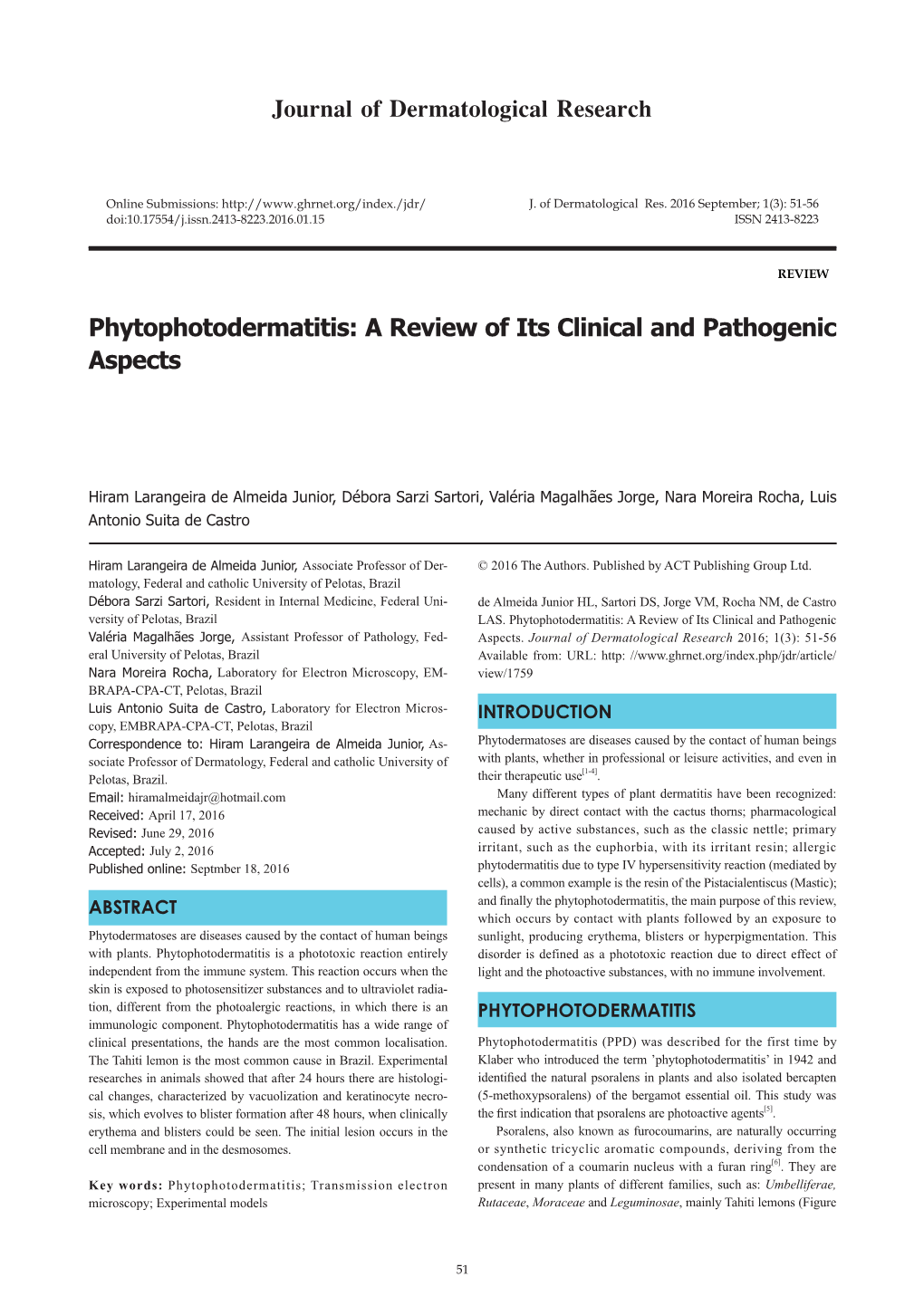 Phytophotodermatitis: a Review of Its Clinical and Pathogenic Aspects