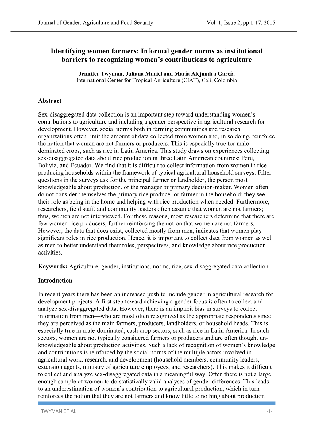 Identifying Women Farmers: Informal Gender Norms As Institutional Barriers to Recognizing Women’S Contributions to Agriculture