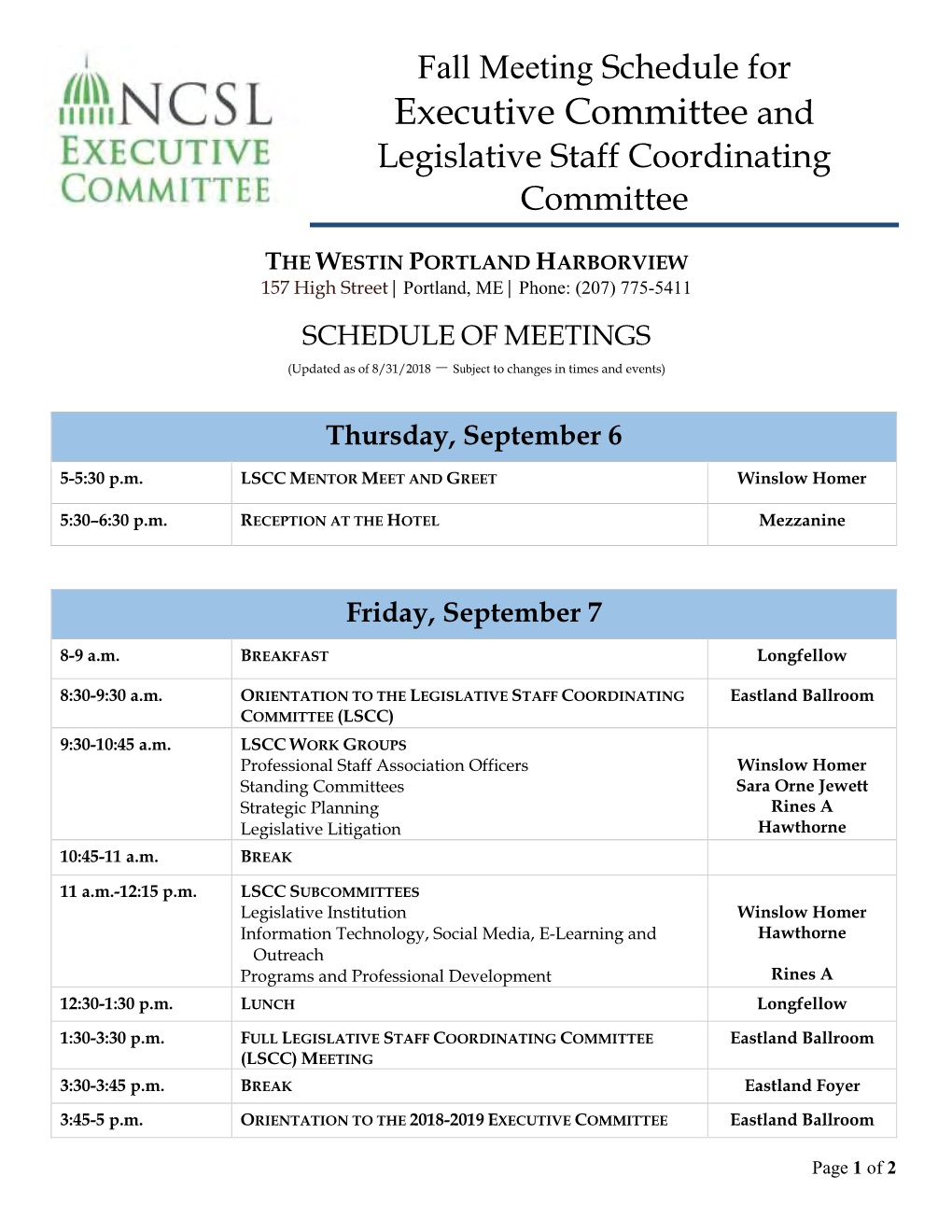 Fall Meeting Schedule for Executive Committee and Legislative Staff Coordinating Committee