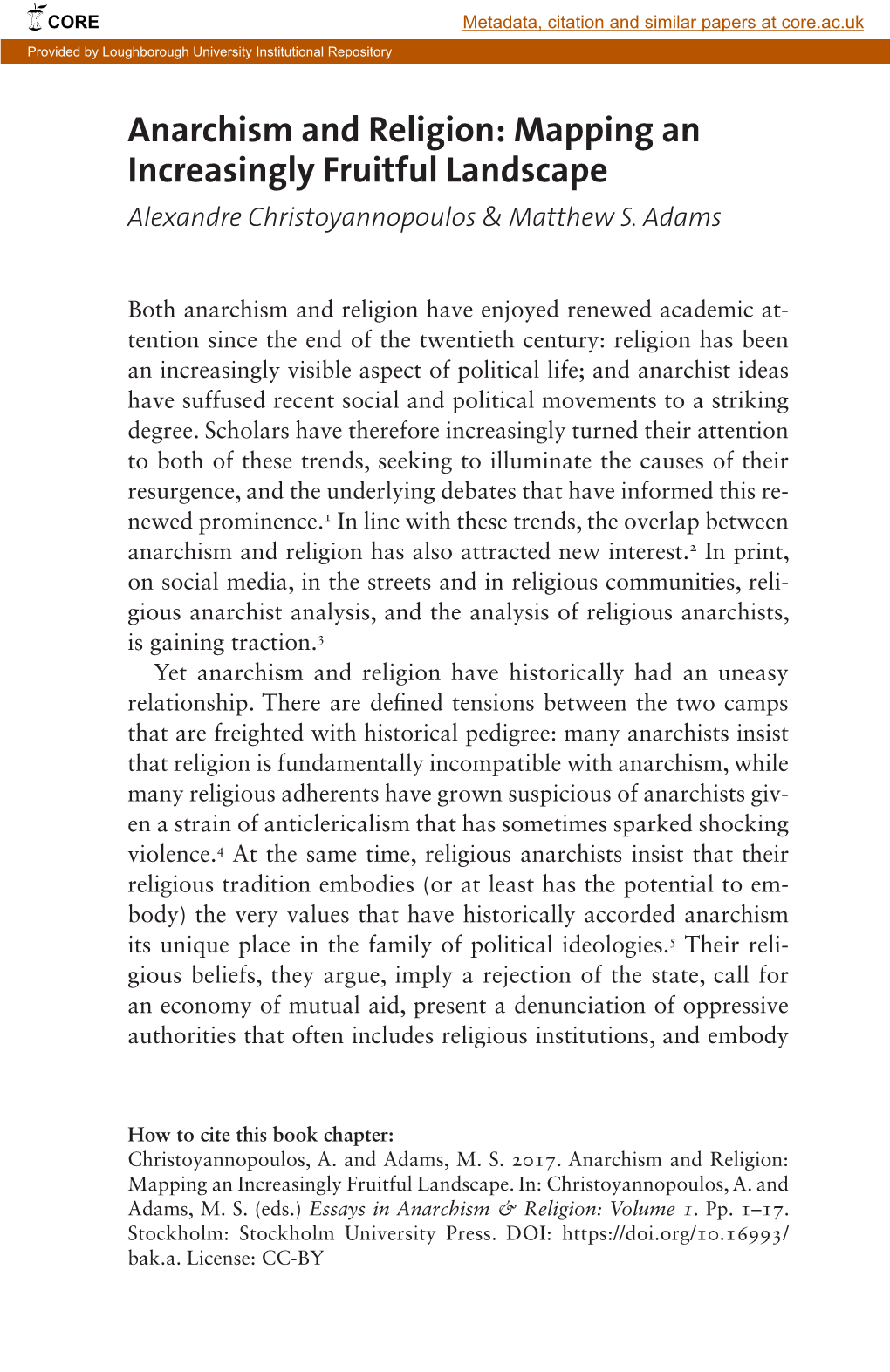 Anarchism and Religion: Mapping an Increasingly Fruitful Landscape Alexandre Christoyannopoulos & Matthew S