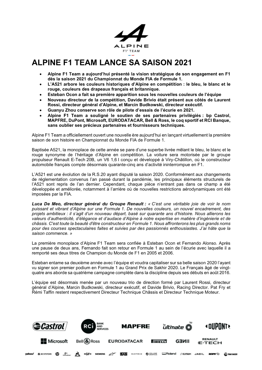 Alpine F1 Team Lance Sa Saison 2021