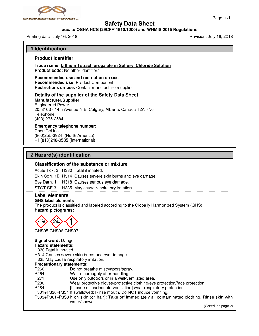 EP SDS Tetrachlorogate Sulfuryl Chloride