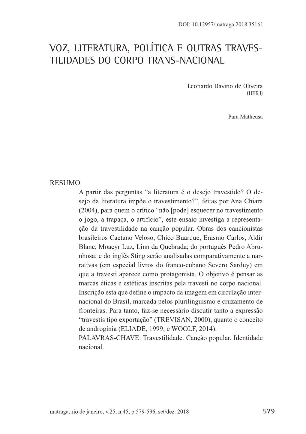 Voz, Literatura, Política E Outras Traves- Tilidades Do Corpo Trans-Nacional