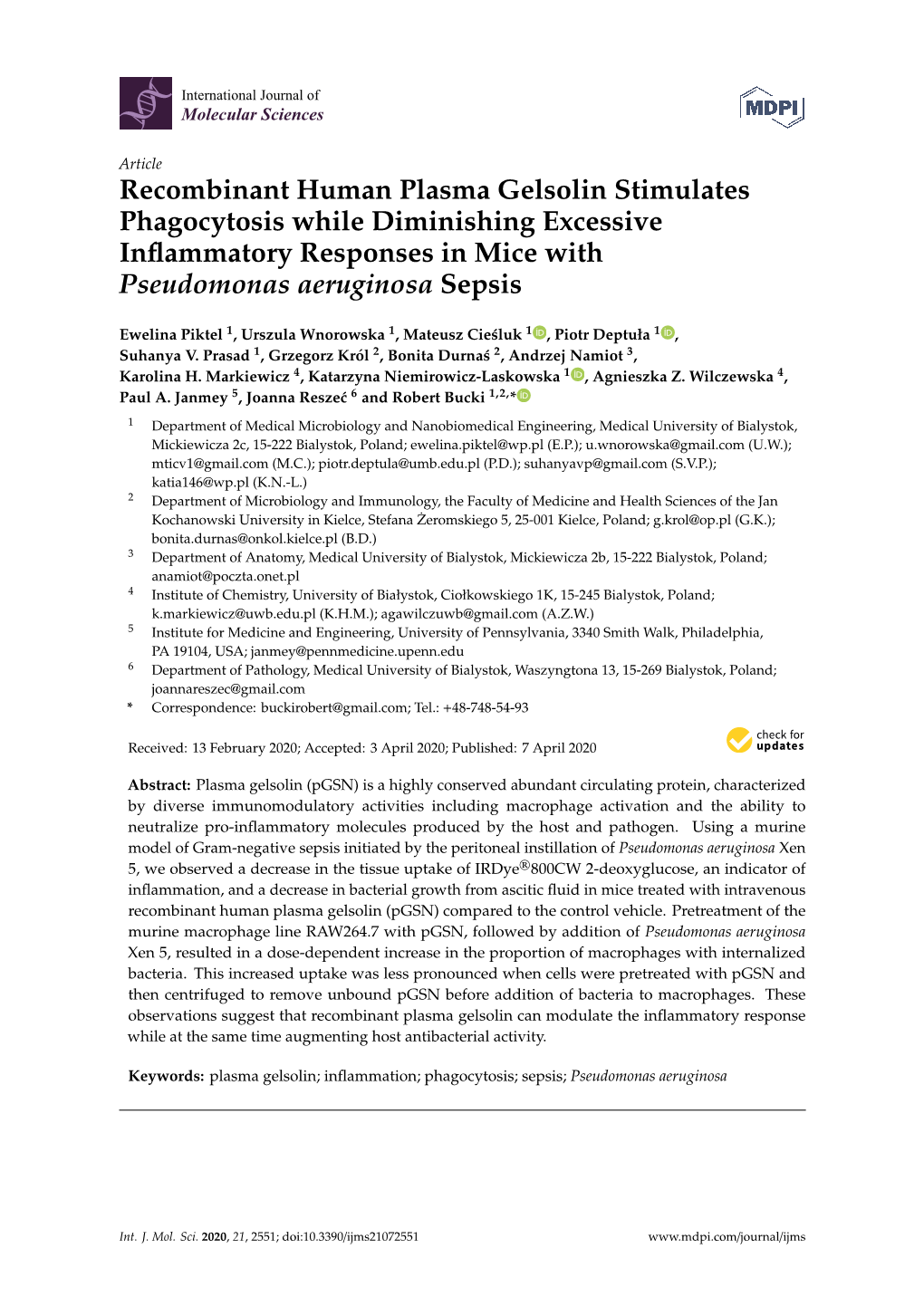 Recombinant Human Plasma Gelsolin Stimulates Phagocytosis While Diminishing Excessive Inﬂammatory Responses in Mice with Pseudomonas Aeruginosa Sepsis