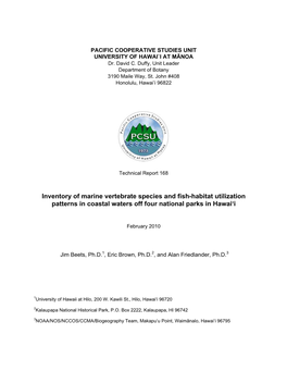 Inventory of Marine Vertebrate Species and Fish-Habitat Utilization Patterns in Coastal Waters Off Four National Parks in Hawai‘I