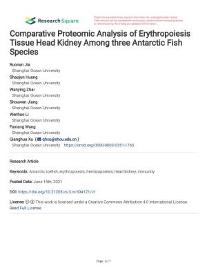 Comparative Proteomic Analysis of Erythropoiesis Tissue Head Kidney Among Three Antarctic Fish Species