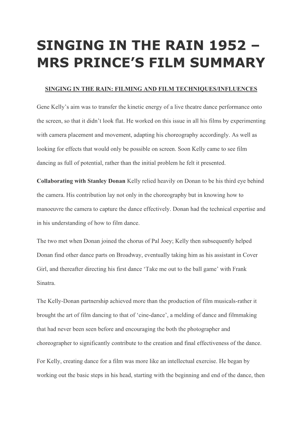 Singing in the Rain 1952 – Mrs Prince's Film Summary