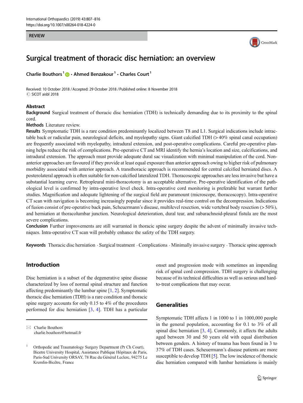 Surgical Treatment of Thoracic Disc Herniation: an Overview